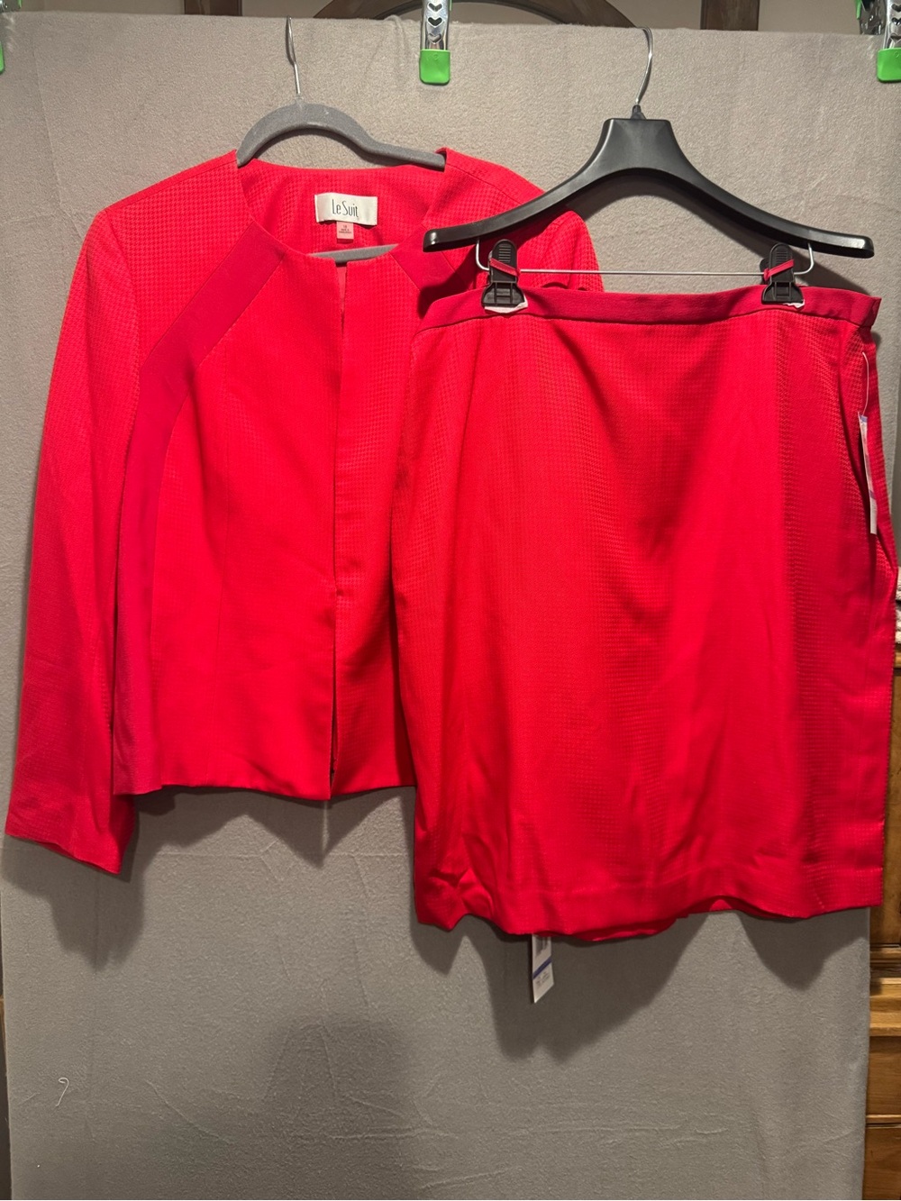 Le Suit Bright Red Skirt Suit Set